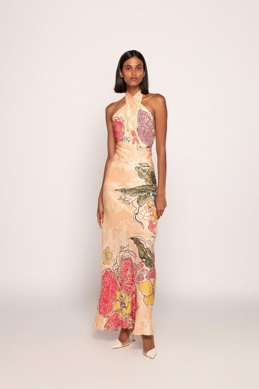 Periwinkle Bandhani Print Halter Style Maxi Dress