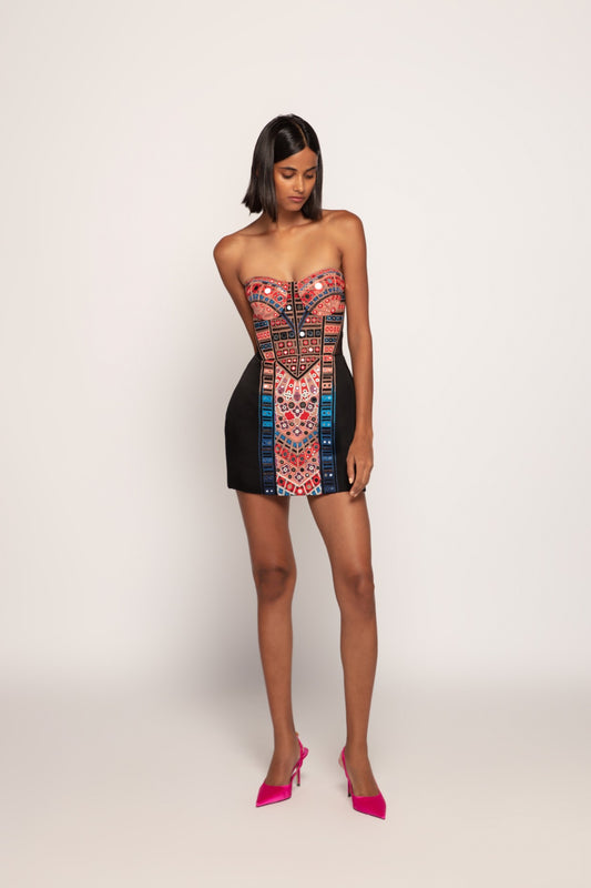 Intricate Hand Embroidered Mirror And Thread Work Panelled Mini Dress