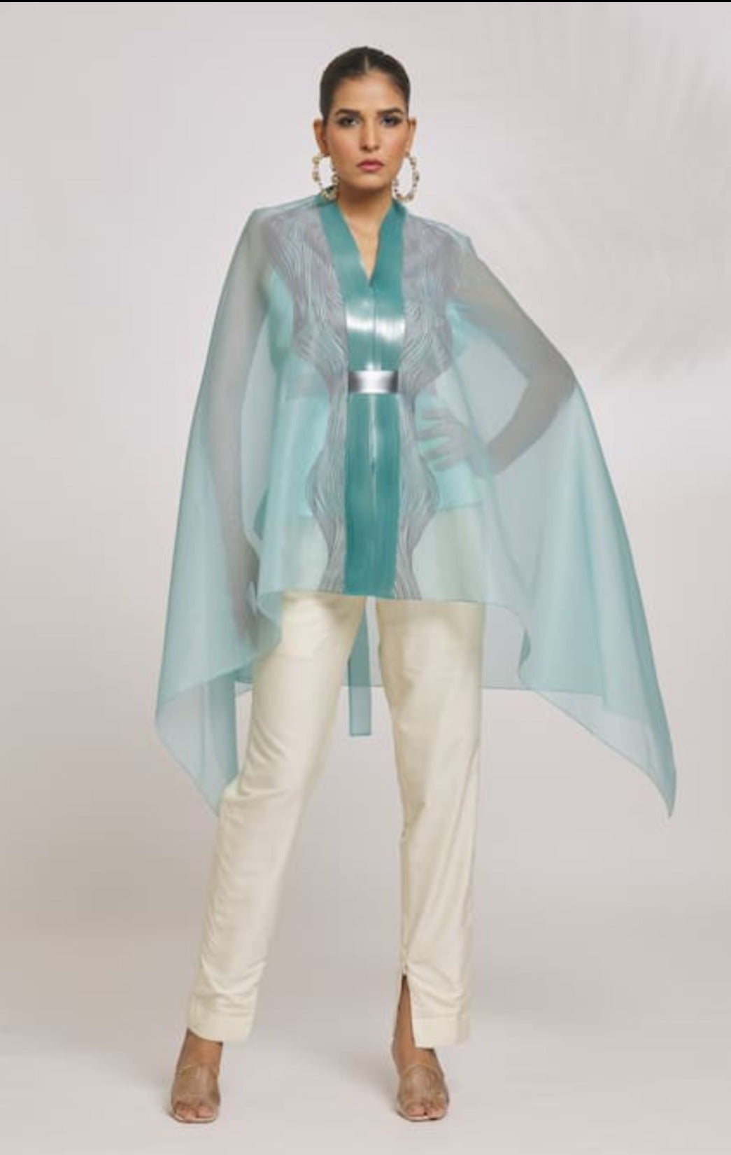 Blue Organza Striper Embroidery V Metallic Draped Cape Top For Women