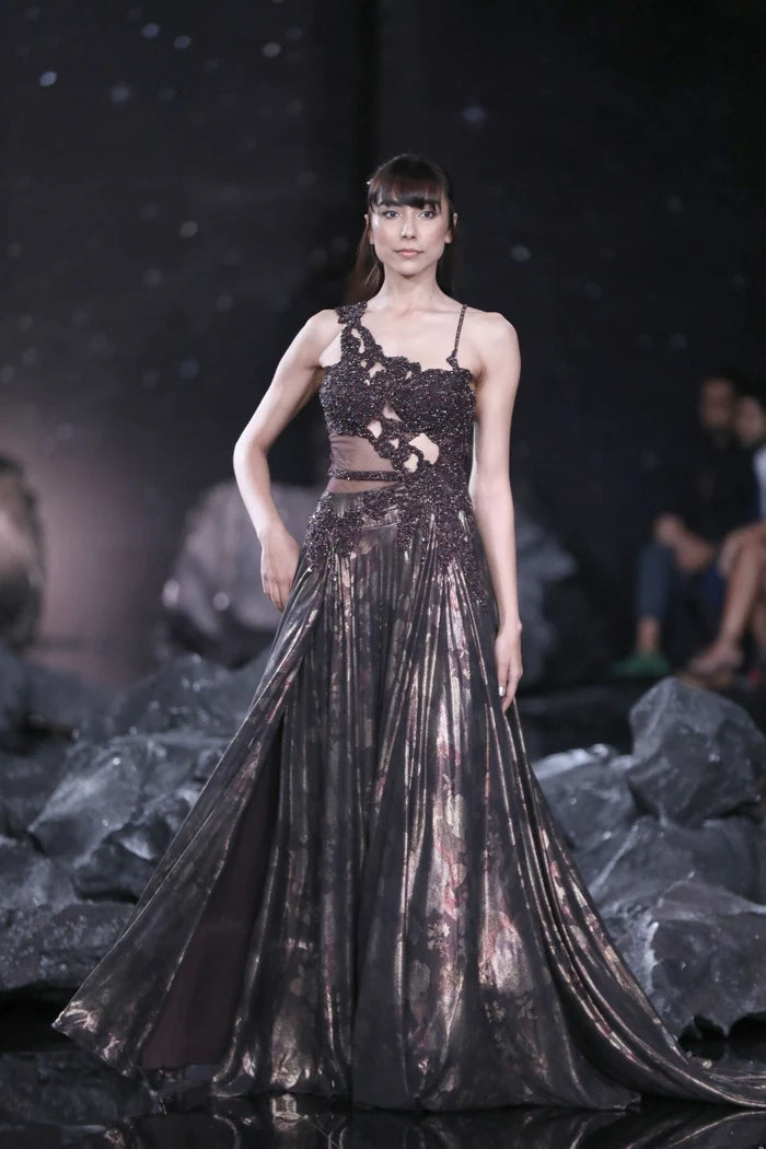 "Medea" Burnt Brown Lurex Flared Gown