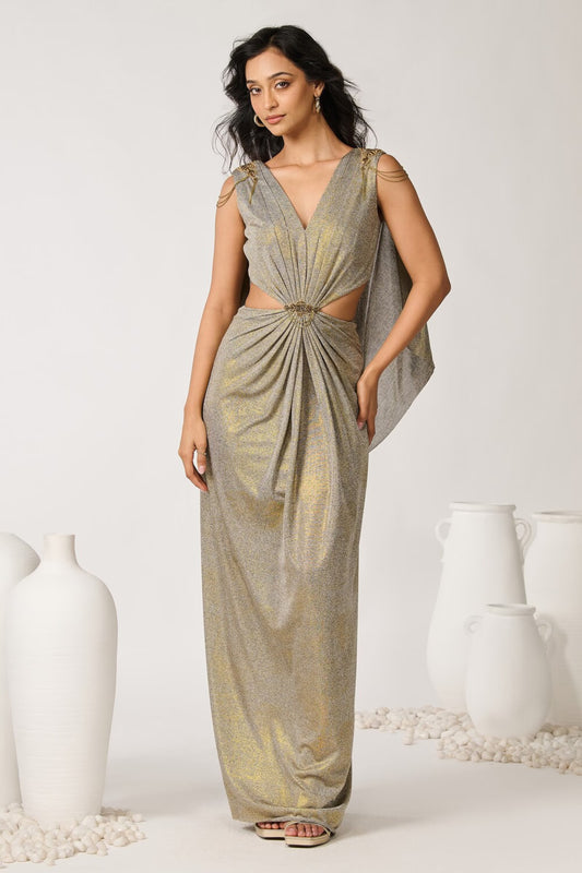 Gold Foil Cape Drape Gown