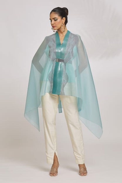 Blue Organza Striper Embroidery V Metallic Draped Cape Top For Women