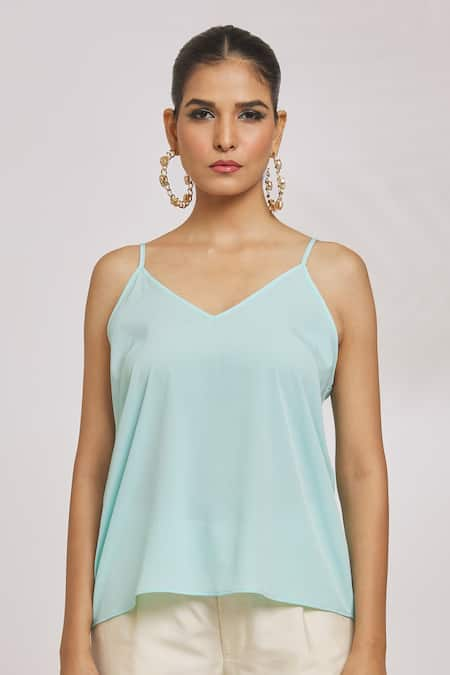 Blue Organza Striper Embroidery V Metallic Draped Cape Top For Women