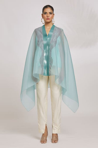 Blue Organza Striper Embroidery V Metallic Draped Cape Top For Women