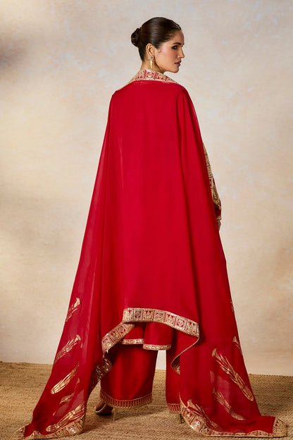 Red Silk, Organza Embroidery V-neck Whispering Lily Anarkali Pant Set