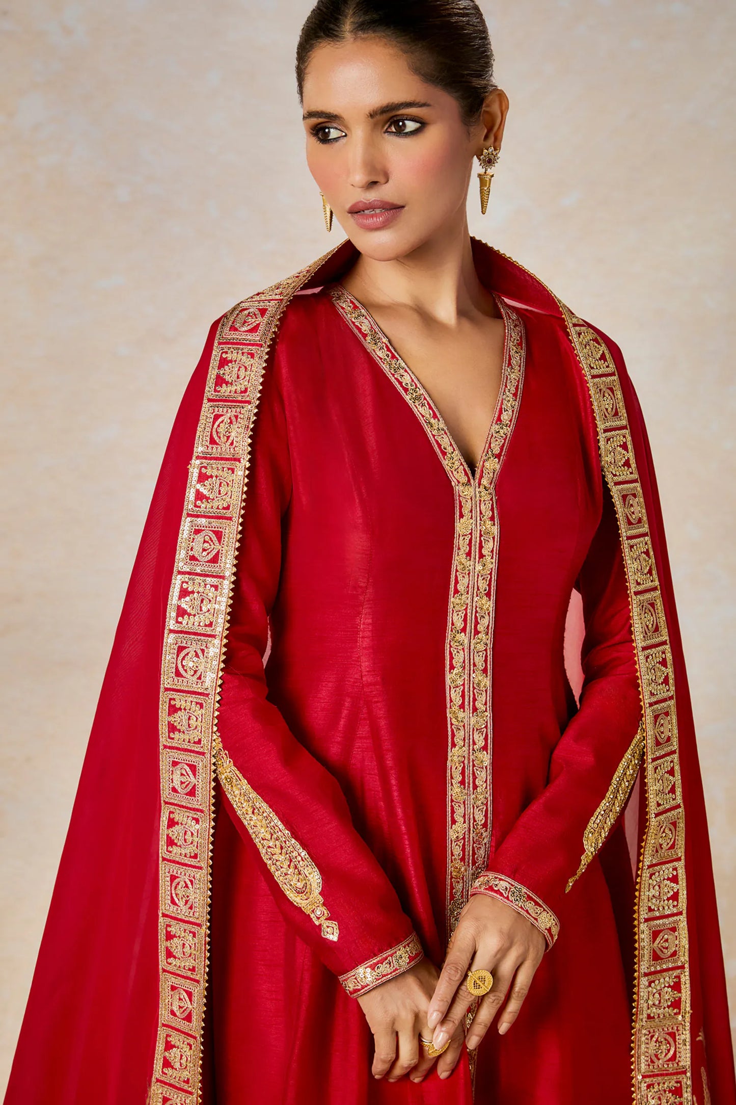 Red Silk, Organza Embroidery V-neck Whispering Lily Anarkali Pant Set