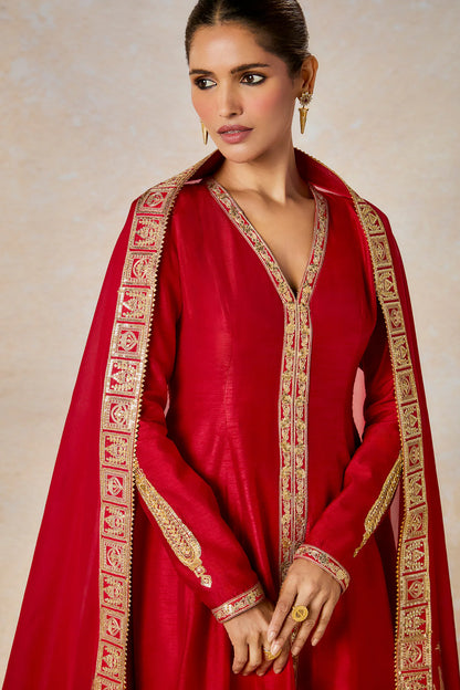 Red Silk, Organza Embroidery V-neck Whispering Lily Anarkali Pant Set