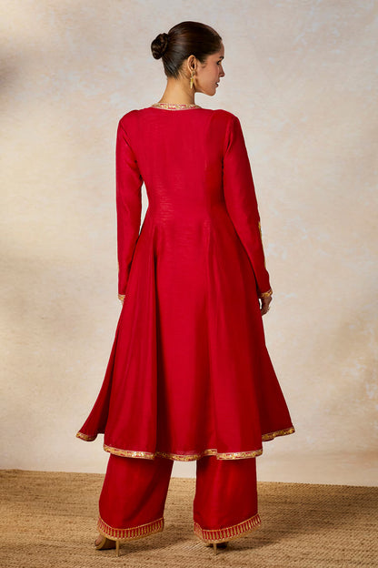 Red Silk, Organza Embroidery V-neck Whispering Lily Anarkali Pant Set