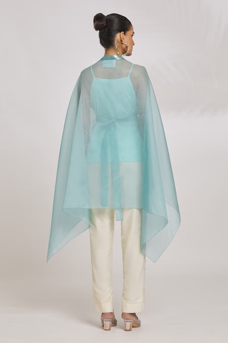 Blue Organza Striper Embroidery V Metallic Draped Cape Top For Women