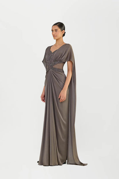 CRYSTALVEIN CHIFFON DRAPED GOWN WITH WINGS