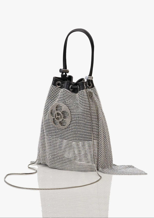 THE CRYSTAL POPPI BUCKET BAG IN STARDUST SILVER