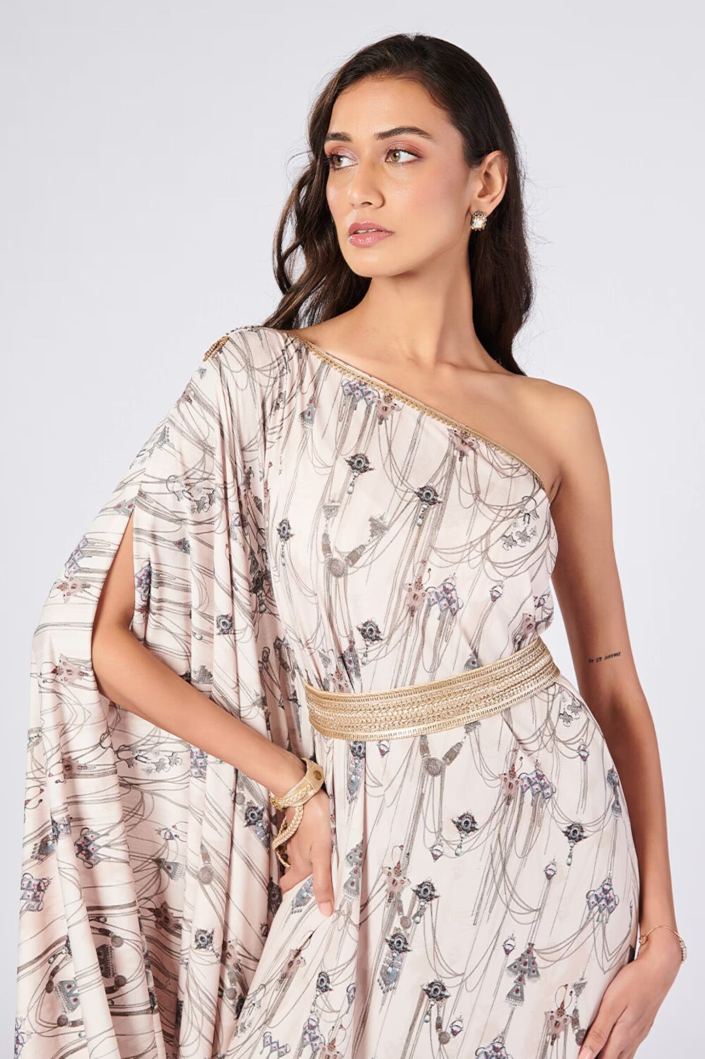 Asymmetric Off-Shoulder Kurta with Gold Details