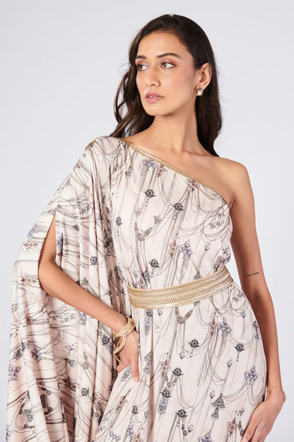 Asymmetric Off-Shoulder Kurta with Gold Details