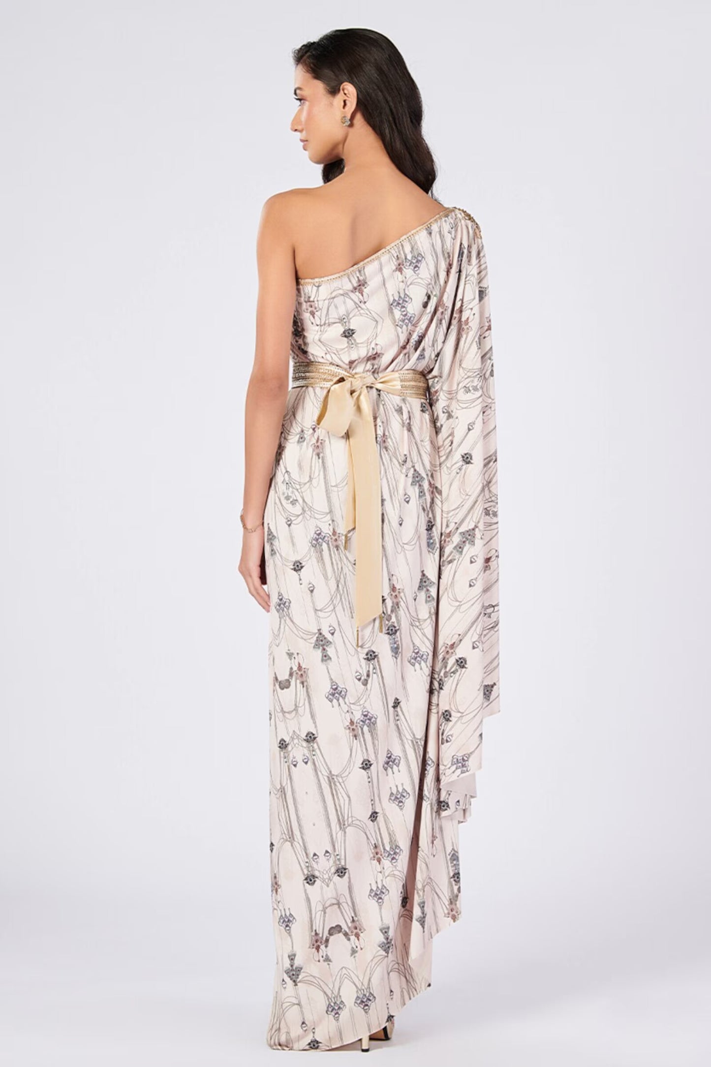 Asymmetric Off-Shoulder Kurta with Gold Details