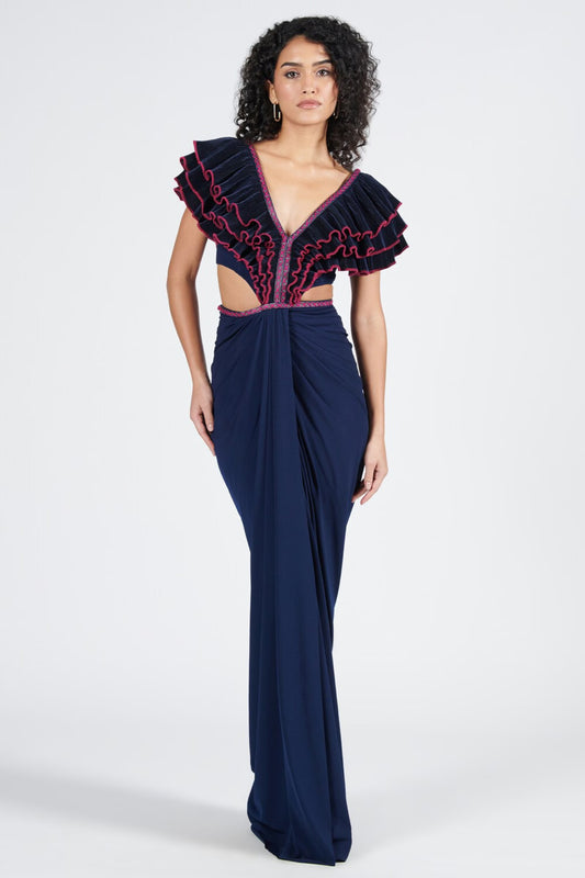 Navy Flounced Gown with Slit