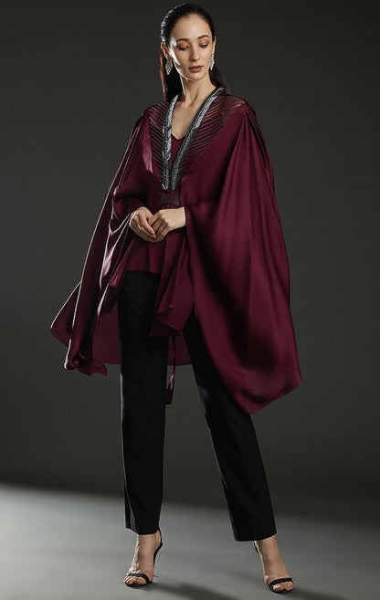 Plum Chiffon Embroidered Paneled Cape