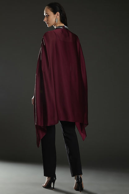 Plum Chiffon Embroidered Paneled Cape