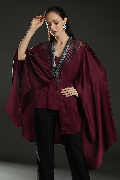 Plum Chiffon Embroidered Paneled Cape