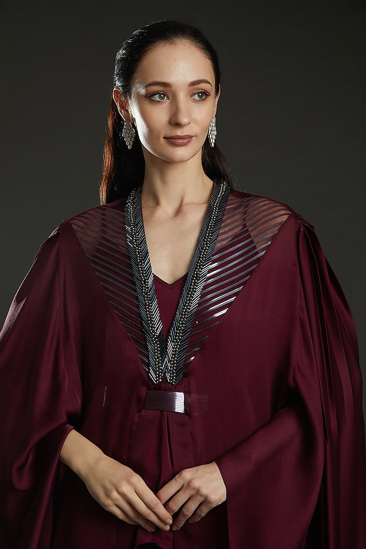 Plum Chiffon Embroidered Paneled Cape