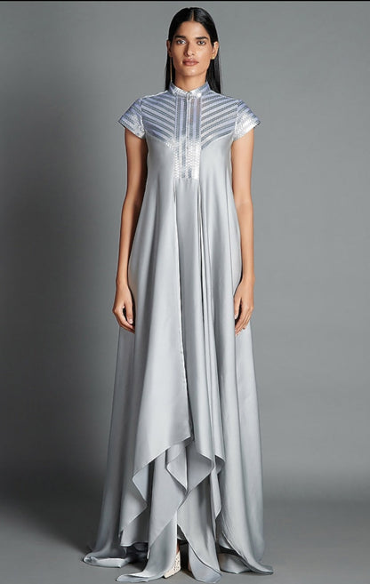 Ice Grey Crinkled Chiffon Draped Dress