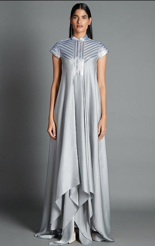 Ice Grey Crinkled Chiffon Draped Dress