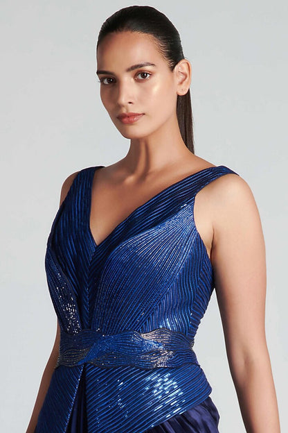 Ink Blue Hand Embroidered Draped Peplum Gown