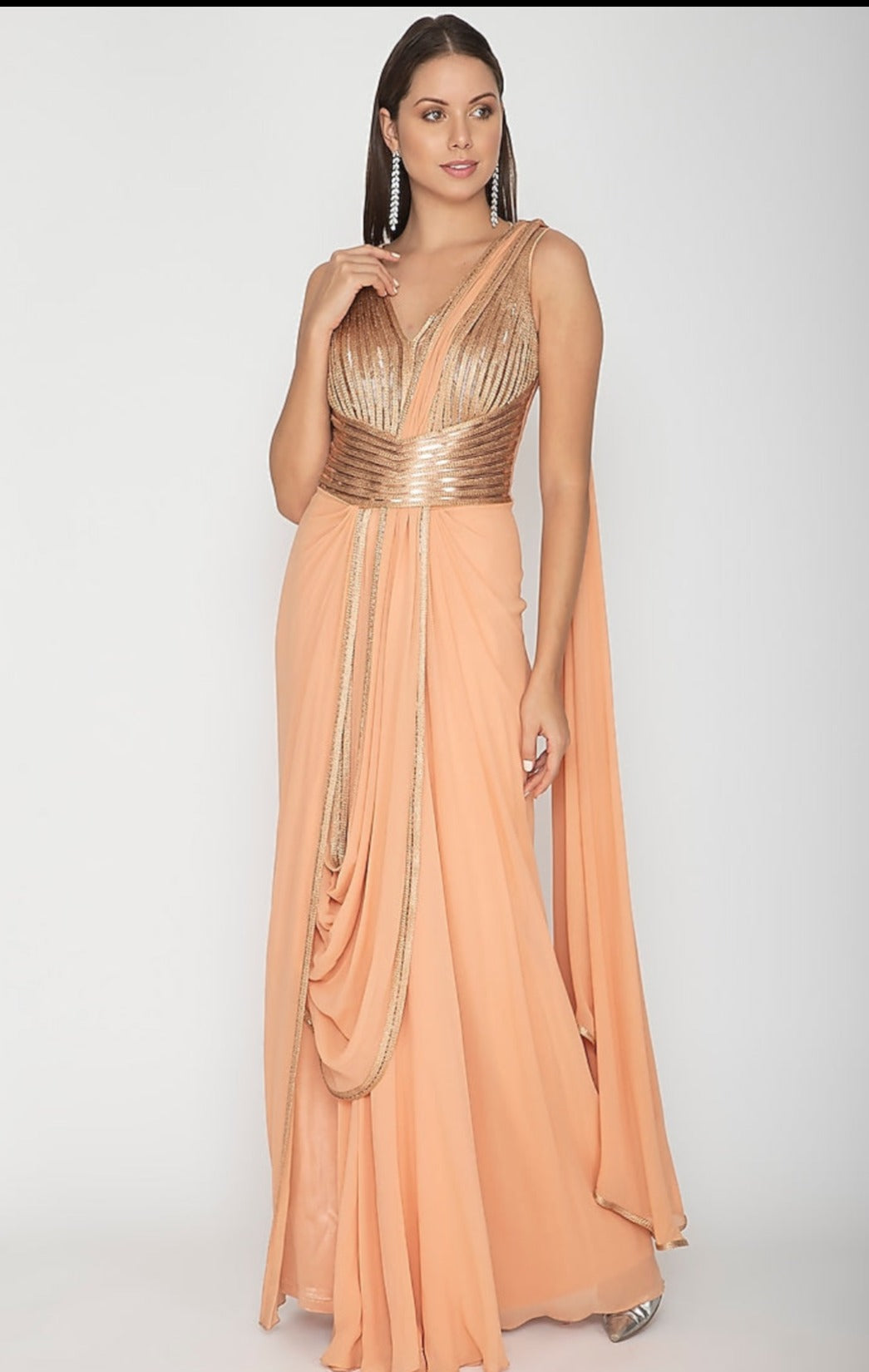 Peach Georgette Peplum Gown