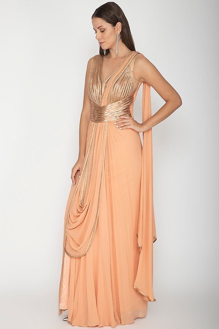 Peach Georgette Peplum Gown