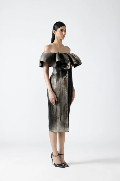 Moulded Metallic Ruffled Dress