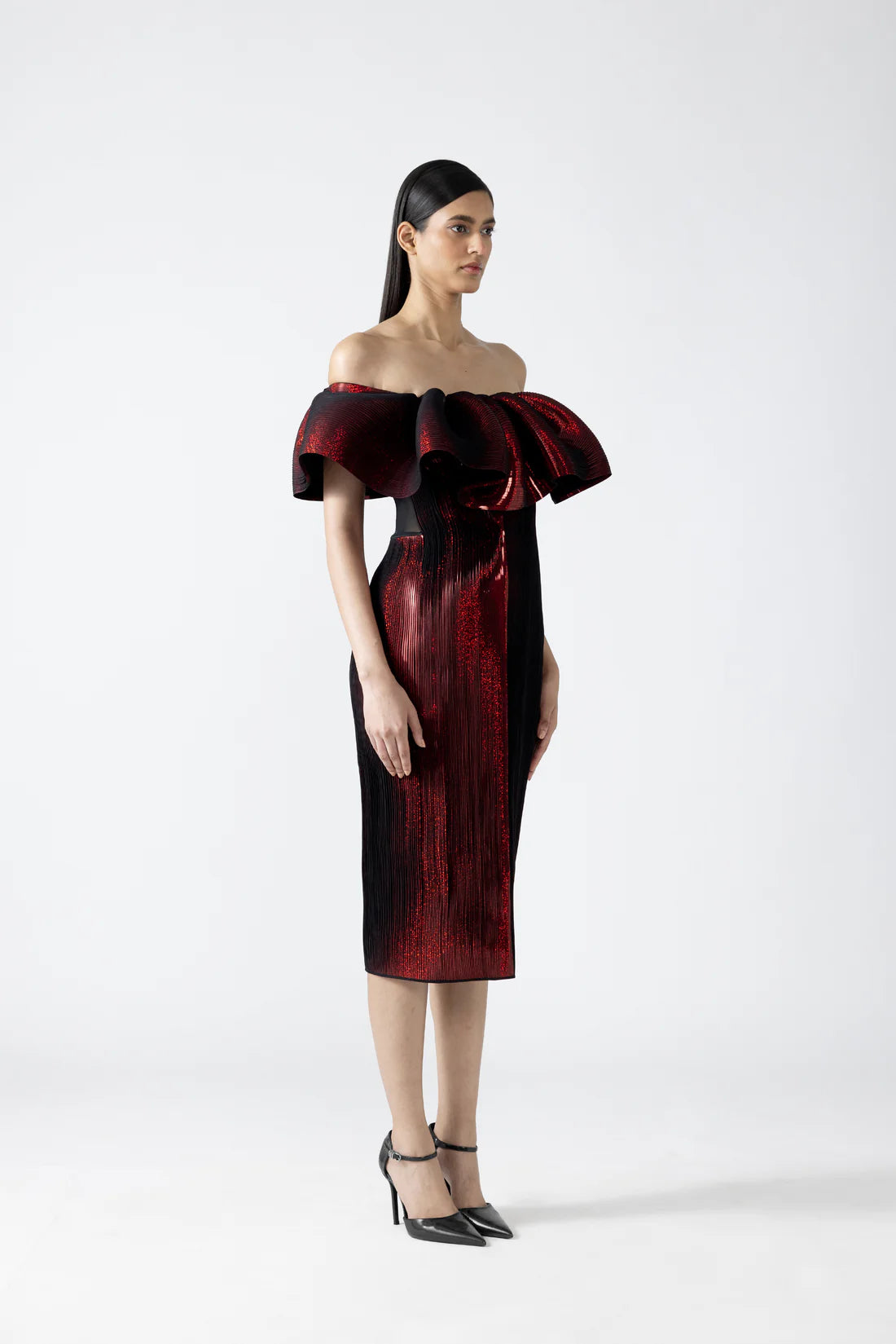 Moulded Metallic Ruffled Dress