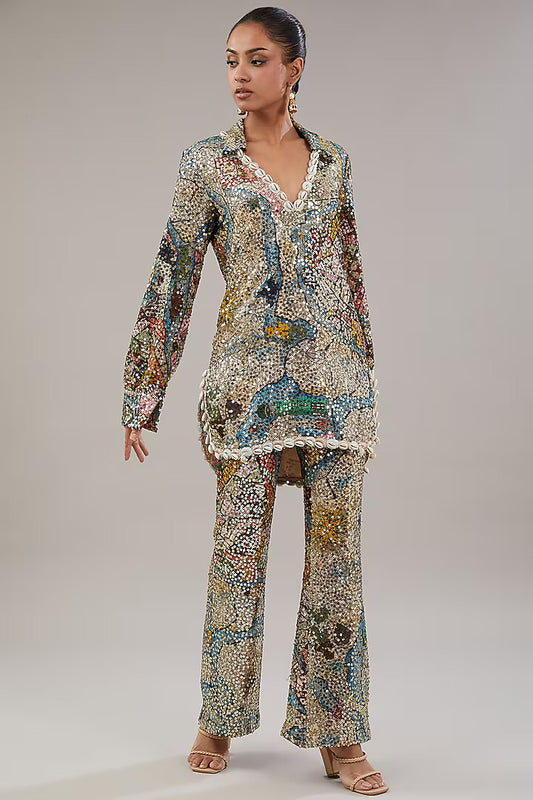 Beige Georgette Sequins Embroidered Tunic Set