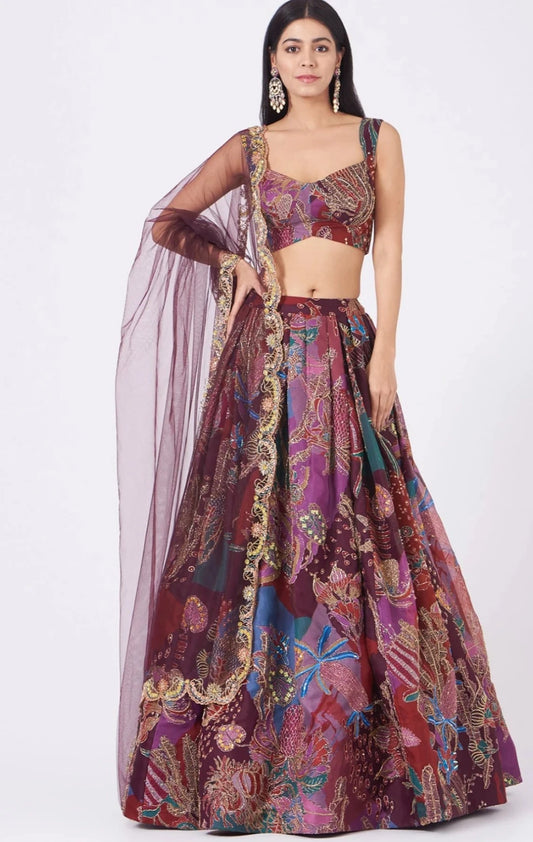 Plum Pastiche Organza Printed And Embellished Top And Skirt With Scallop Dupatta - RTS