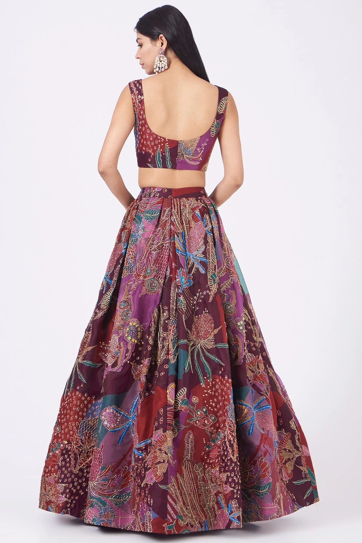 Plum Pastiche Organza Printed And Embellished Top And Skirt With Scallop Dupatta - RTS