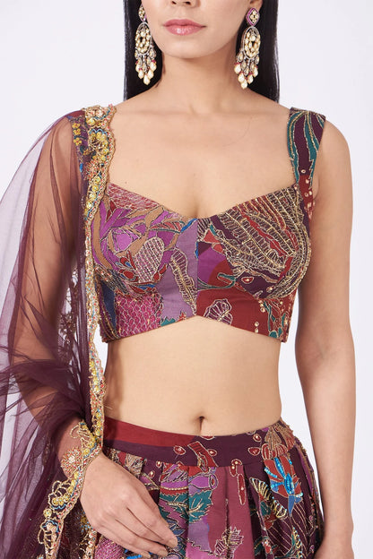 Plum Pastiche Organza Printed And Embellished Top And Skirt With Scallop Dupatta - RTS