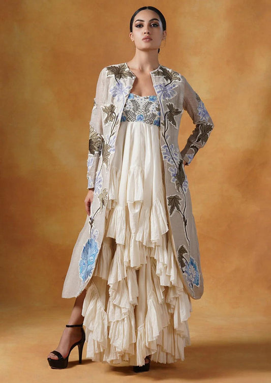 A Ruffle, Asymmetric Cotton Tube Dress With Embroidered Jacket