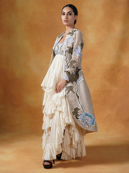 A Ruffle, Asymmetric Cotton Tube Dress With Embroidered Jacket