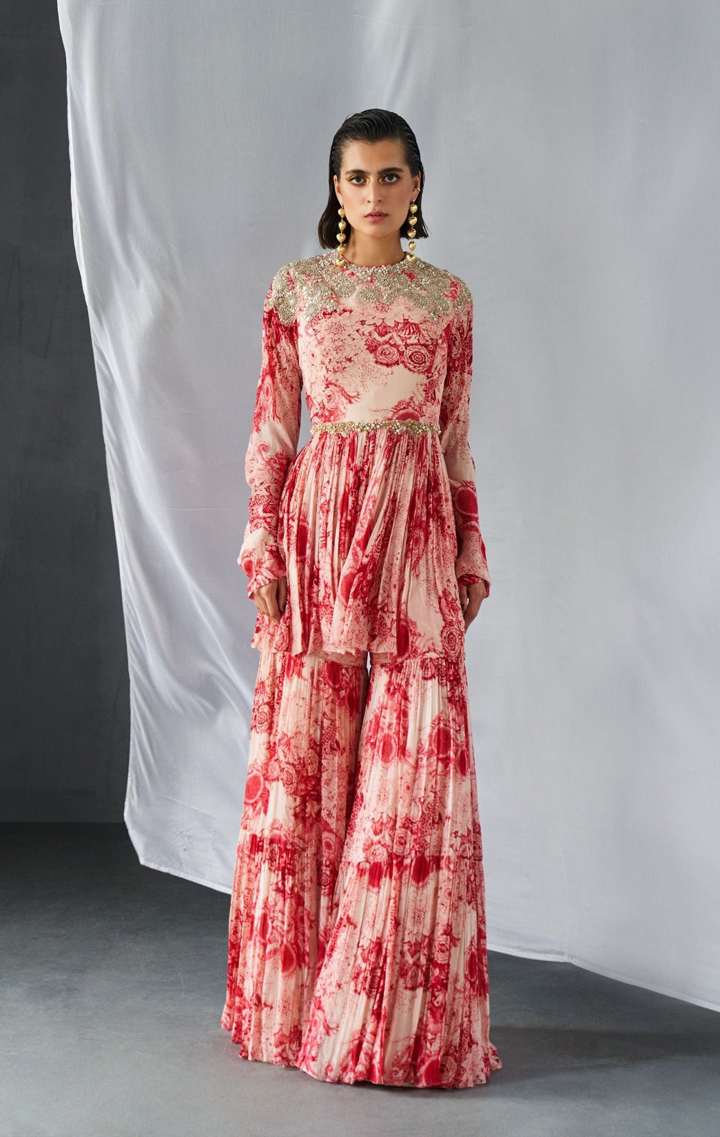 Champagne Red Blossom Print Peplum & Sharara Set