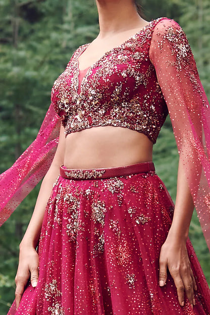 Cranberry Red Shimmer Tulle Lehenga Set