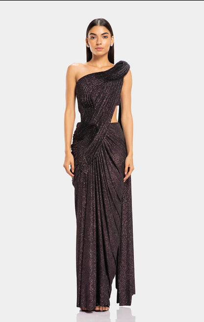 Disco Sparkle Sculpted One-Shoulder Saree Gown