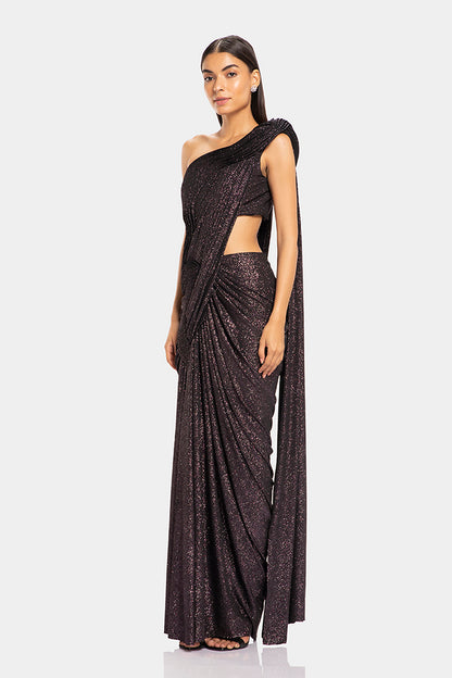 Disco Sparkle Sculpted One-Shoulder Saree Gown