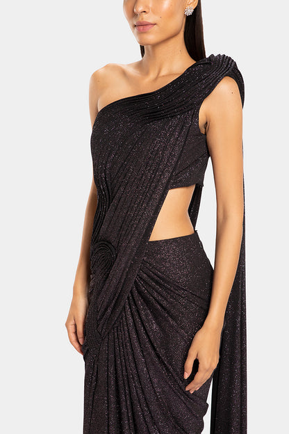 Disco Sparkle Sculpted One-Shoulder Saree Gown