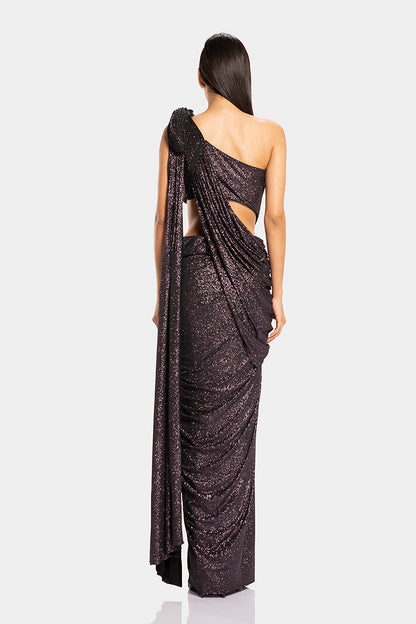 Disco Sparkle Sculpted One-Shoulder Saree Gown