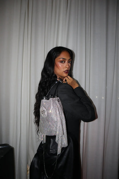 THE CRYSTAL POPPI BUCKET BAG IN STARDUST SILVER
