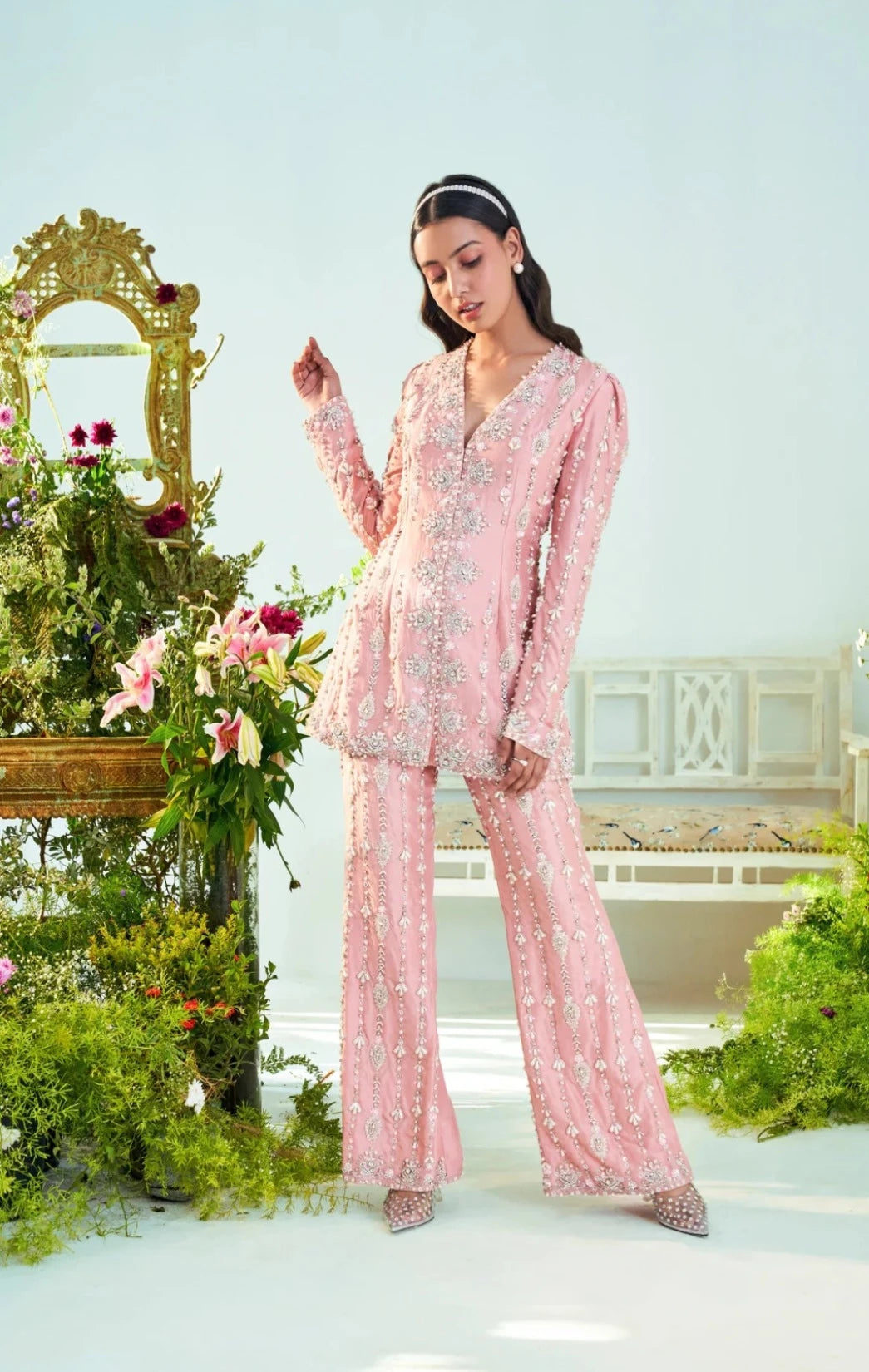 Mia Rust pink embroidered jacket & pant set.