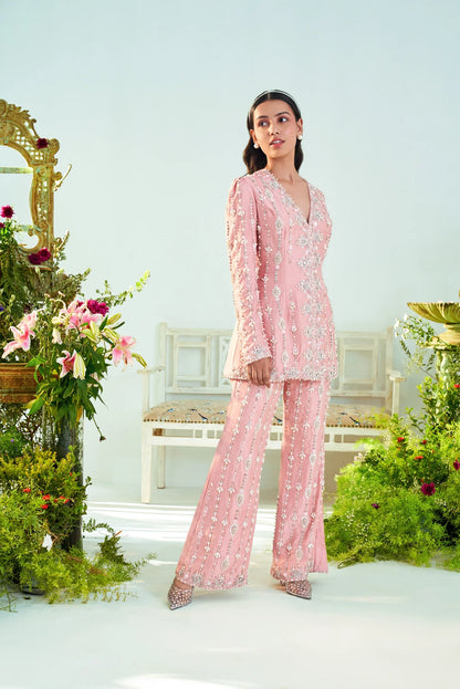 Mia Rust pink embroidered jacket & pant set.