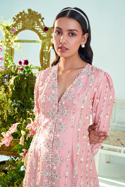 Mia Rust pink embroidered jacket & pant set.