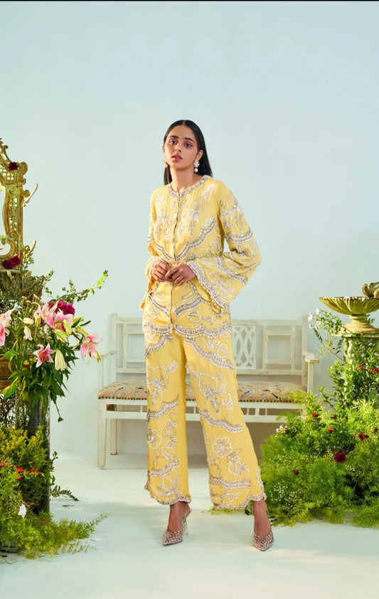 Evelyn Sunshine Yellow Top & Flared Pant Set.