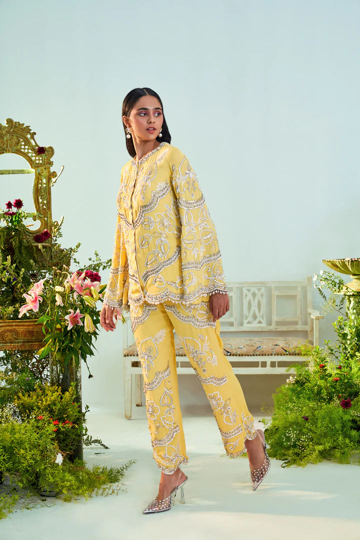 Evelyn Sunshine Yellow Top & Flared Pant Set.