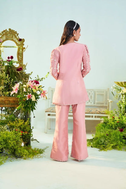 Mia Rust pink embroidered jacket & pant set.