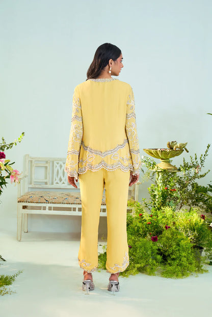 Evelyn Sunshine Yellow Top & Flared Pant Set.